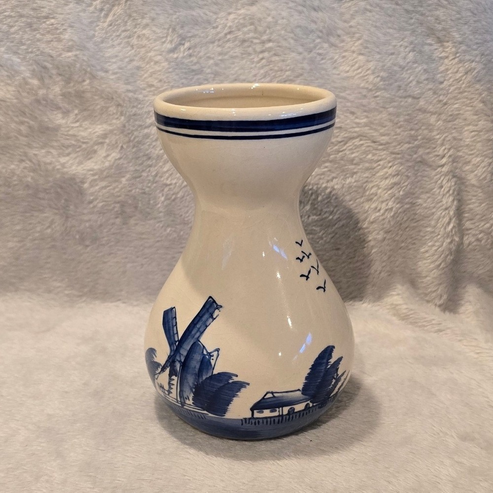 Vintage Delft Pottery Vase Maastricht Blue Holland Windmill Ceramic 5.5" Tall